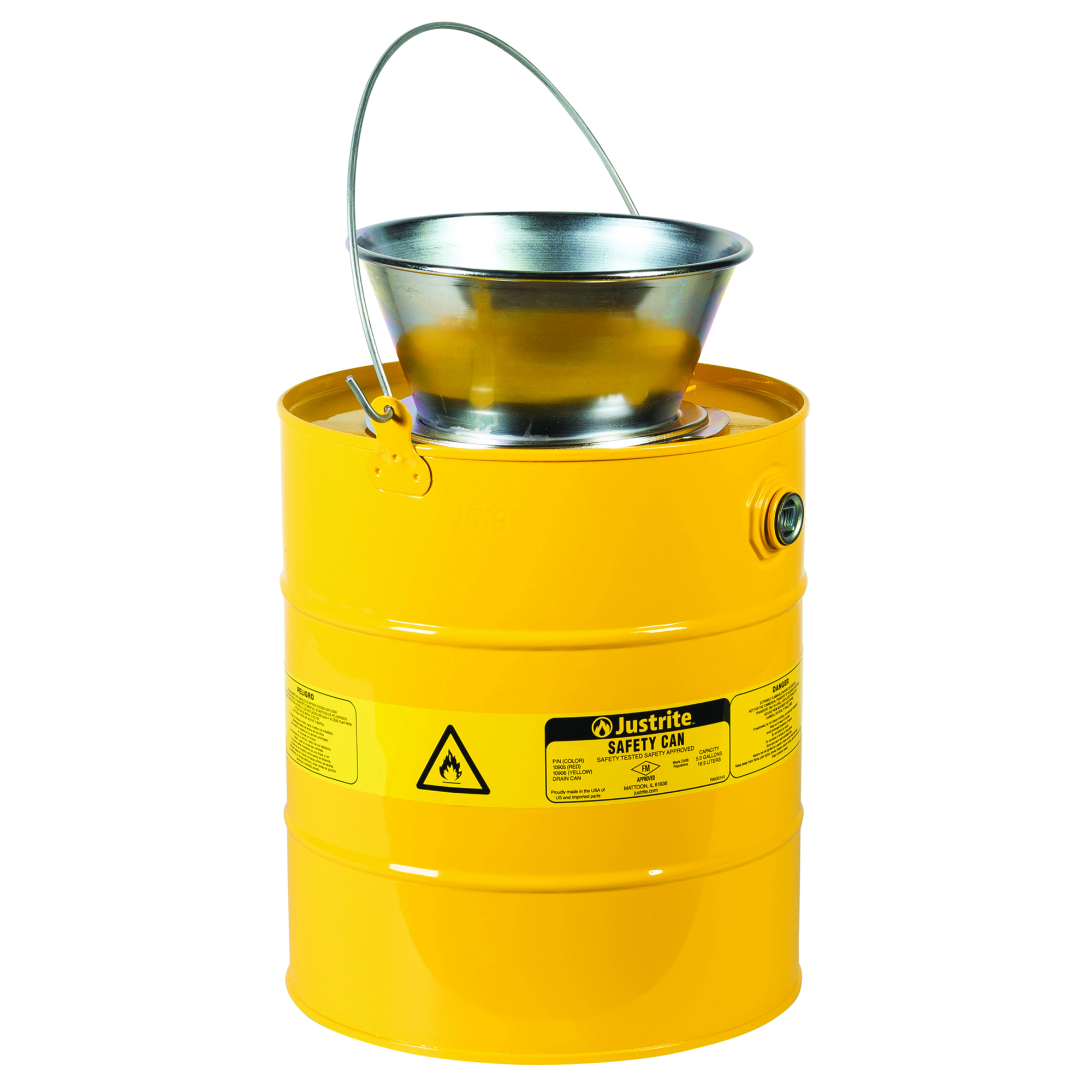 Justrite Steel Drain Can — 5 Gallon, Plated Steel Funnel, Yellow, Model# 10906